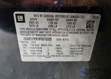 2015 Chevrolet Equinox Lt z USA, uszkodzony, nr VIN 2GNFLFEK9F6315305